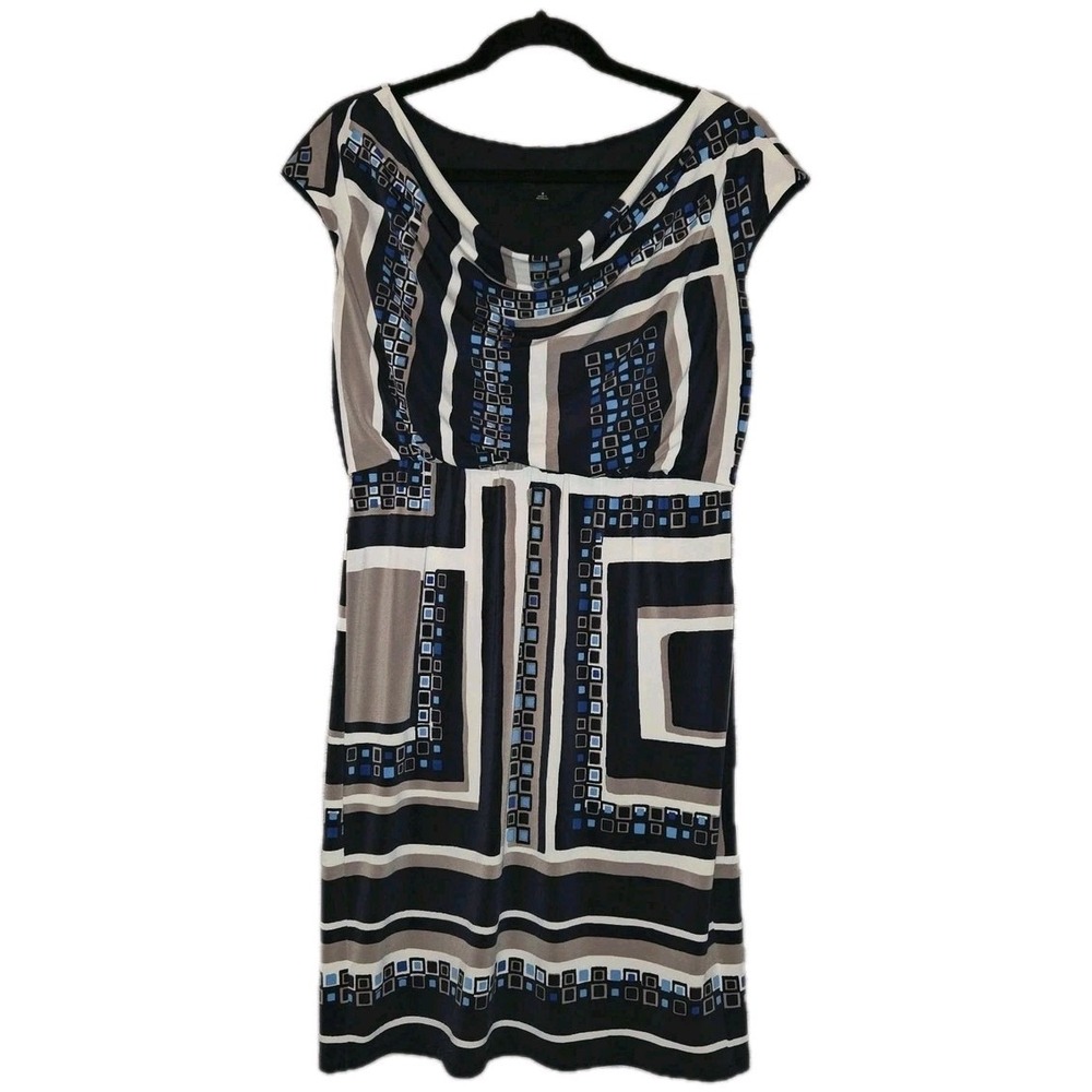 Jones New York Geometric Blouson Dress Women's Size 6 Stretch Cascade Cowl Neck